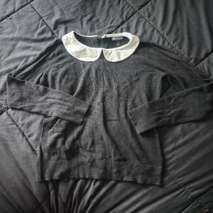 Black Sweater with White Collar and Back Button Detail